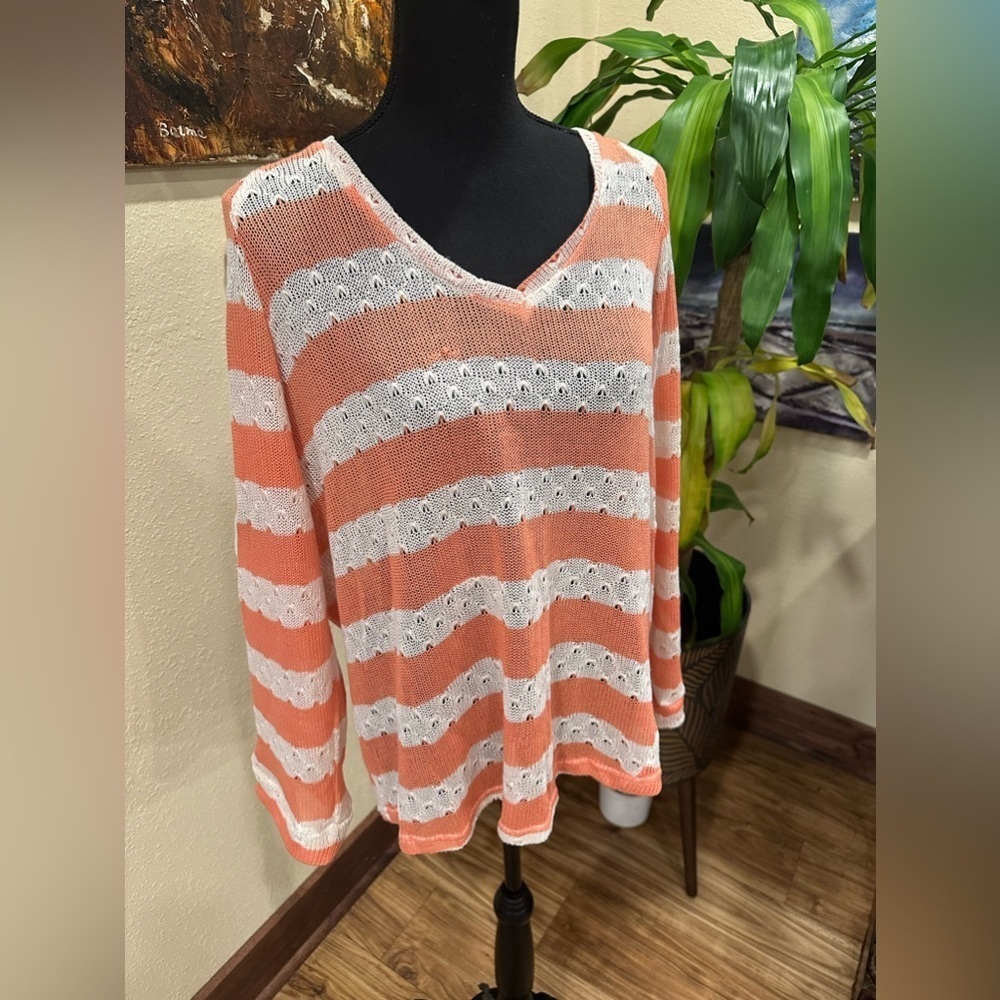 EUC UMGEE light sweater v neck orange white stripes long sleeve Sz M - Picture 2 of 11